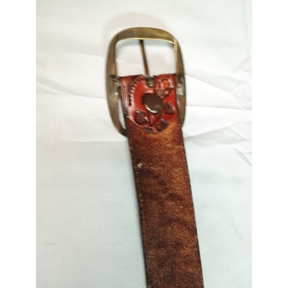Vintage 90s Made in USA Floral Tooled Leather Belt 18-3222 Solid Brass Buckle - Picture 5 of 15